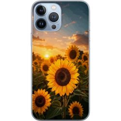 Kompatibelt Mobildeksel til Apple iPhone 13 Pro Max Gule solsikker foran en varm solnedgang, naturmotiv med gylne toner