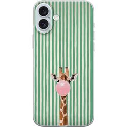 Kompatibelt Mobildeksel til Apple iPhone 16 Plus Sjiraff med rosa tyggegummiboble foran vertikale grønne og beige striper