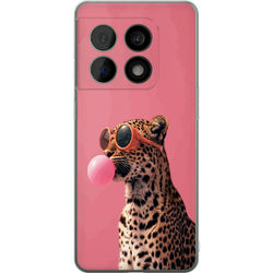 Kompatibel Mobilcover til OnePlus 10 Pro Cool leopard med solbriller der blæser tyggegummi mod en lyserød baggrund i en trendy og legesyg stil
