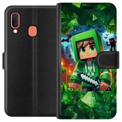 Kompatibelt Lommeboketui til Samsung Galaxy A20e Minecraft gamer gutt grønn hettegenser - tegnet Minecraft gutt med sverd, piksler og eventyrtema
