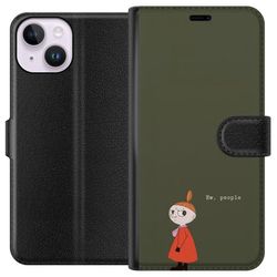 Kompatibelt Lommeboketui til Apple iPhone 15 Illustrert motiv med Lille My i oransje kjole, humoristisk sitat og dempet grønn bakgrunn