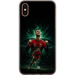 Kompatibelt Mobildeksel til Apple iPhone XS Cristiano Ronaldo i et portugisisk fotballmotiv med rød drakt, fotball og dramatisk grønn bakgrunn