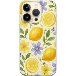 Kompatibelt Mobildeksel til Apple iPhone 15 Pro Sommerinspirert motiv med sitroner, blomsterdetaljer og naturlige farger.