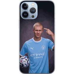 Kompatibelt Mobildeksel til Apple iPhone 13 Pro Max Erling Haaland i Manchester City-drakt med fotball mot mørk bakgrunn
