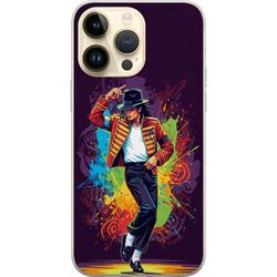 Kompatibelt Mobildeksel til Apple iPhone 14 Pro Max Kunstnerisk portrett av Michael Jackson med fargerike sprut og retrofølelse