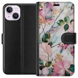 Kompatibelt Lommeboketui til Apple iPhone 15 Pastellmarmor med blomster blad og subtile gyldne detaljer i myk komposisjon