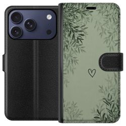 Kompatibelt Lommeboketui til Apple iPhone 17 Pro Grønn minimalistisk bakgrunn med et enkelt hjerte, botaniske blader og myke naturlige skygger