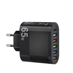 Adapter 65W Universal Hurtigoplader 6 porte – USB-C PD + 5× USB-A (QC 3.0) multiport oplader - SORT