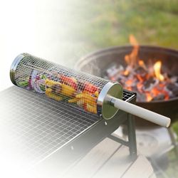 Grillkorg med trähandtag, cylinderformad – för grönsaker, kött och camping