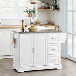 SoBuy Køkkenvogn med hjul 130x71x91cm – Bordplade i rustfrit stål(udtrækkelig), 3 skuffer & justerbare hylder | Hvid FKW41-II-WN