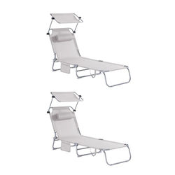 SoBuy 2 x Sammenklappelig Solseng med Nakkepude & Justerbar Solskærm – Til Terrasse & Have | Beige OGS48-MIx2