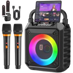 Karaoke-maskin, dubbla trådlösa mikrofoner, Bluetooth-kompatibilitet, 20W högtalareffekt, upp till 12 timmars batteritid, LED-belysning