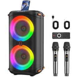 Karaoke-maskine med dual 6,5” højttalere, 10.000mAh batteri, Bluetooth 5.3, op til 24 timers spilletid, integreret bærehåndtag