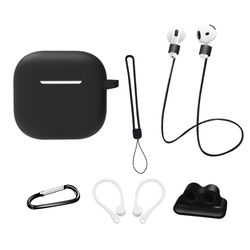AirPods 4 6 in 1 -tarvikkeet kotelo hihnapidike korvakoukut kaulahihna avainrengas - Musta
