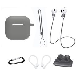 AirPods 4 6 in 1 -tarvikkeet kotelo hihnapidike korvakoukut kaulahihna avainrengas - Harmaa