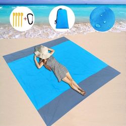 Stort strandteppe 210x200cm sandtett vanntett lett utendørs teppe blå