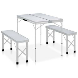 vidaXL Hopfällbart campingbord med 2 bänkar aluminium vit