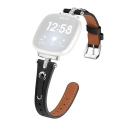Fitbit Versa 4 / Sense 2 Ægte okselæderrem Rhinestone Watch Wrist Band - Sort