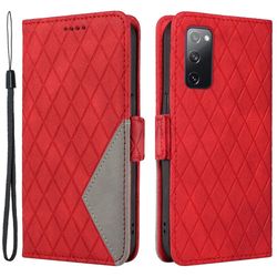 For Samsung Galaxy S20 FE / S20 FE 5G / S20 FE 2022 / S20 Lite Color Splicing Leather Case Rhombus Imprinted Wallet Stand Phone Deksel - Rød