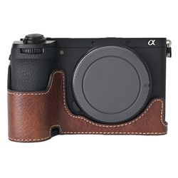 Sony A6700 kamerataske med stor udskæring Litchi Texture Vegansk Læder Protector - Kaffe