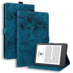 Amazon Kindle Paperwhite (2024) Case Flip Stand Leather Tablet Cover Cherry Blossom Cat Imprinted - Blue