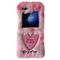 KJS-013 Samsung Galaxy Z Flip6 5G Case Glitter Heart Hard Bump Resistant Warm Plush Phone Cover - Pink