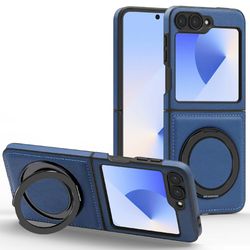 Samsung Galaxy Z Flip6 5G Magnetiskt fodral med roterande ring och kickstand Veganläder och stötskyddande baksida - Safir