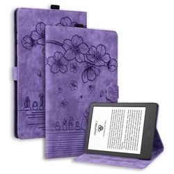 Amazon Kindle Paperwhite (2024) Etui Flip Stand Læder Tablet Cover Cherry Blossom Cat Imprinted - Lilla