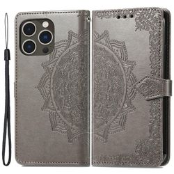 Mandala iPhone 15 Pro Flippetui - Grå