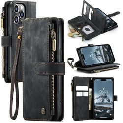 CaseMe telefonetui med glidelås og lommebok for iPhone 15 Pro Max - Svart
