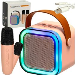 Karaoke set 2 mikrofoner + bärbar högtalare BLUETOOTH USB LED rosa