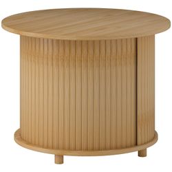 Salongbord stuebord av bambus med skjult oppbevaringsplass og skyvedør, rundt sidebord i moderne stil, til stue, natur, Ø60 x 45 cm