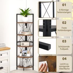 Hörnhylla med 5 nivåer 160 cm hög bokhylla stående trähylla med metallram vintage