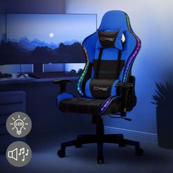 ML-Design Gaming Stol med RGB LED-belysning & Bluetooth-högtalare; Blå; Konstläder; Ergonomisk kontorsstol; Högt ryggstöd; Nackstöd; Ländkudde;