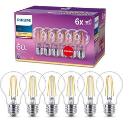 Philips, pakke med 6 E27 LED-pærer, transparente, 60W, varm hvid