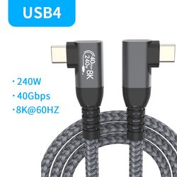 NÖRDIC vinklet 2m USB4 USB-C til C Nylonflettet kabel PD3.1 240W 40G 8K60Hz 4K144Hz Grå