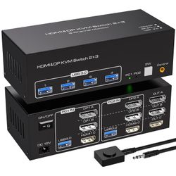 NÖRDIC KVM-kytkin 2 PC 3 näyttöä 8K60Hz 4K144Hz Kolmoisnäyttö 2xDP 1xHDMI 4xUSB 3.0 porttia