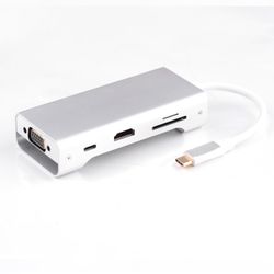 NÖRDIC 1 til 8 USB C Aluminium Docking Station 1xHDMI 4K 30Hz 1xvga 1080p 3xUSB 3.1 5GBP 1X USB C PD87W 1XSD / TF Card Reader Silver