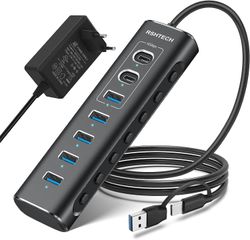 NÖRDIC GEN 3.2 USB-C- ja USB-A-virtalähteellä toimiva Hubb 7-porttia 3x10Gbps 4x5Gbps 1m kaapeli yksittäinen kytkin