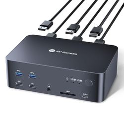 AV Access iDock D23 Telakointiasema ja KVM-kytkin 2–3 DP:stä DP:hen, 8K60Hz, 5x USB-A, 1x USB-C PD, 3,5 mm AUX, SD-korttipaikka ja 1 Gbps ethernet