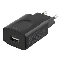 DELTACO väggladdare 100-240 V till 5 V USB, 2,4 A, 12 W, 1x USB-A port, vit påse, svart