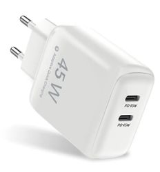 SiGN Dual USB-C PD -laturi 45 W kannettaville tietokoneille ja älypuhelimille - valkoinen