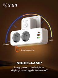 SiGN 20W Stikdåse med LED-natlampe, 2-vejs/2 xUSB-A/1x USB-C - Hvid