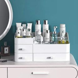 Eveltek Makeup Organizer For Forfængelighed, Stor Kapacitet Desk Organizer Med Skuffer Til Kosmetik Hvid