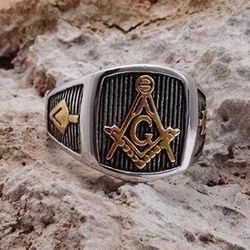 Bricks Masons Firkantet kompas g vintage frimurerisk ring [sølv og guld] B 9