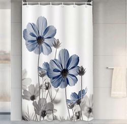 Ainutlaatuinen kukkasininen suihkuverho kylpyhuoneen sisustukseen, sininen ja harmaa päivänkakkarakukka Tyylikäs luonnonkukka Design maalaistalon s...