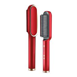 Kissqiqi Professionel multifunktionel Tourmaline hår glattejern børste, Curling Brush Hair Comb Rød