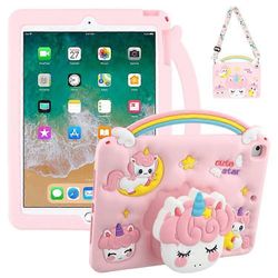 Yhteensopiva iPadin kanssa 9,7 tuuman (2018) / (2017) kotelon kahva yksisarvinen sisäänvedettävä jalusta silikonitabletin kansi olkahihnalla Monivä...