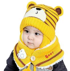 Baby Hat Bib Earmuff Sæt Bear Style Uld Strik Tørklæde Hat Winter Kids Hat gul