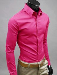 Varychmoo Herre langærmet Business Shirts Plain Formel Casual Dress Toppe Rose rød XL